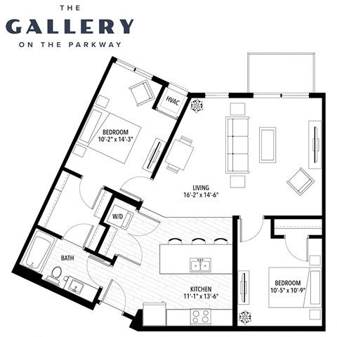 Floor plan for 2 beds, 1 bath, 1011 sqft